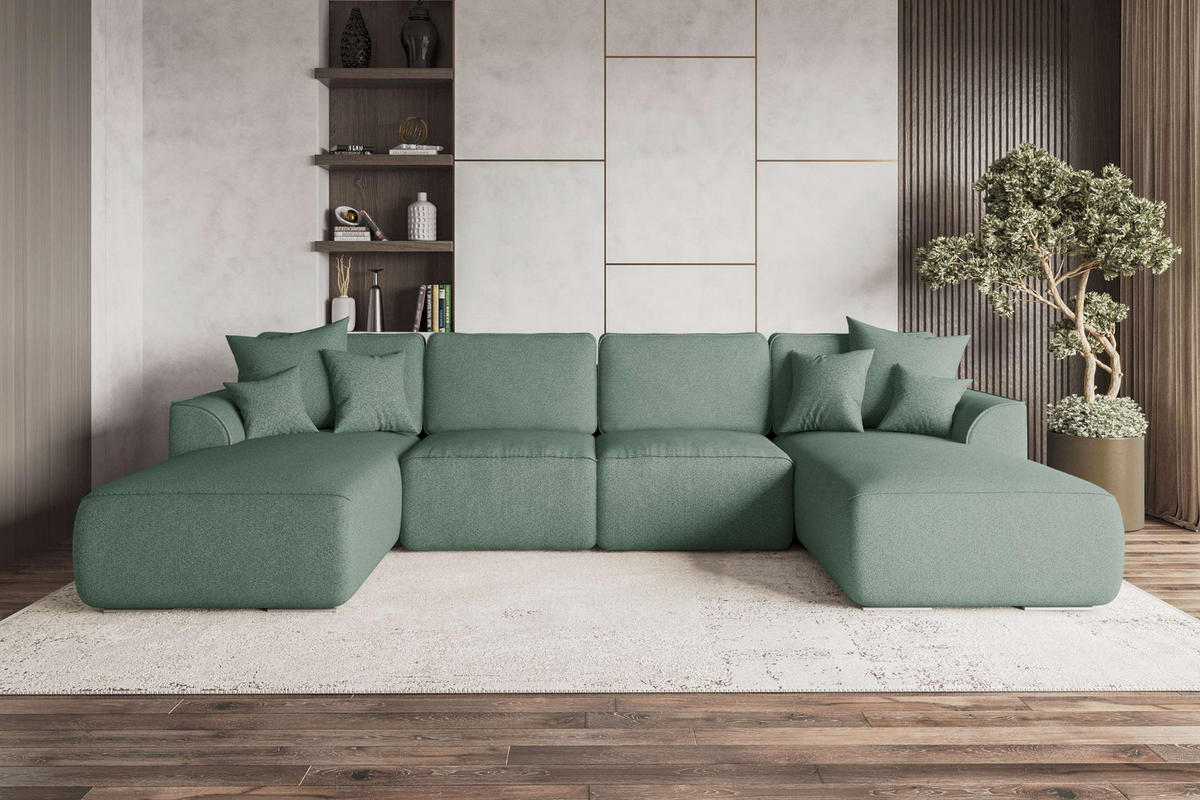 WOHNLANDSCHAFT GUSTO Strukturstoff Salbeigrün inkl. Schlaffunktion - Chromfarben/Salbeigrün, Kunststoff/Textil (306/96/194cm) - 99rooms