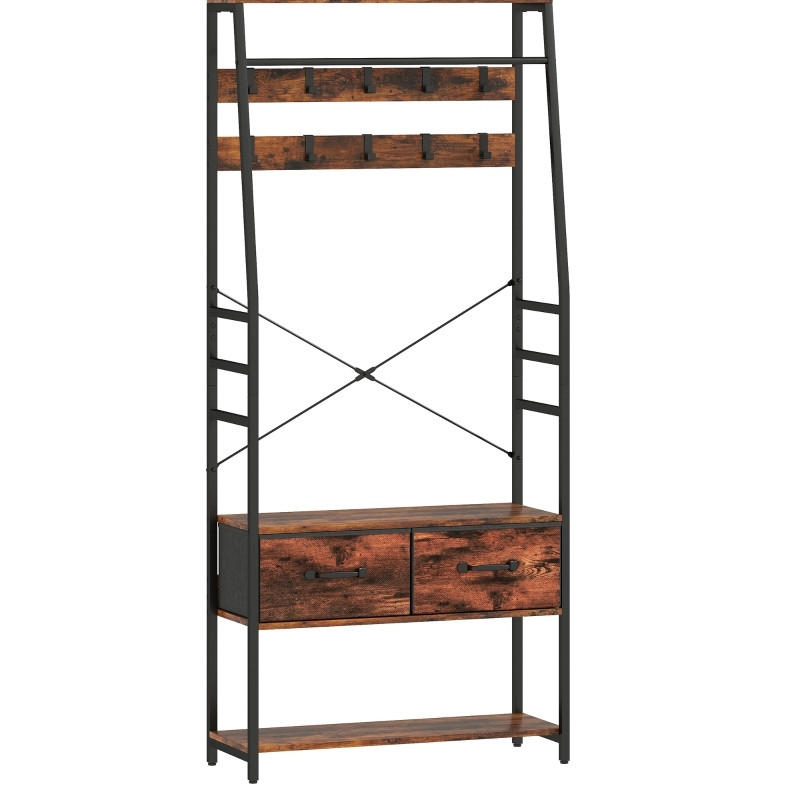 STANDGARDEROBE 80/30/180 cm mit 10 Haken, Schuhablage und Sitzbank - Braun, Holz (80/180/30cm) - BEAOK