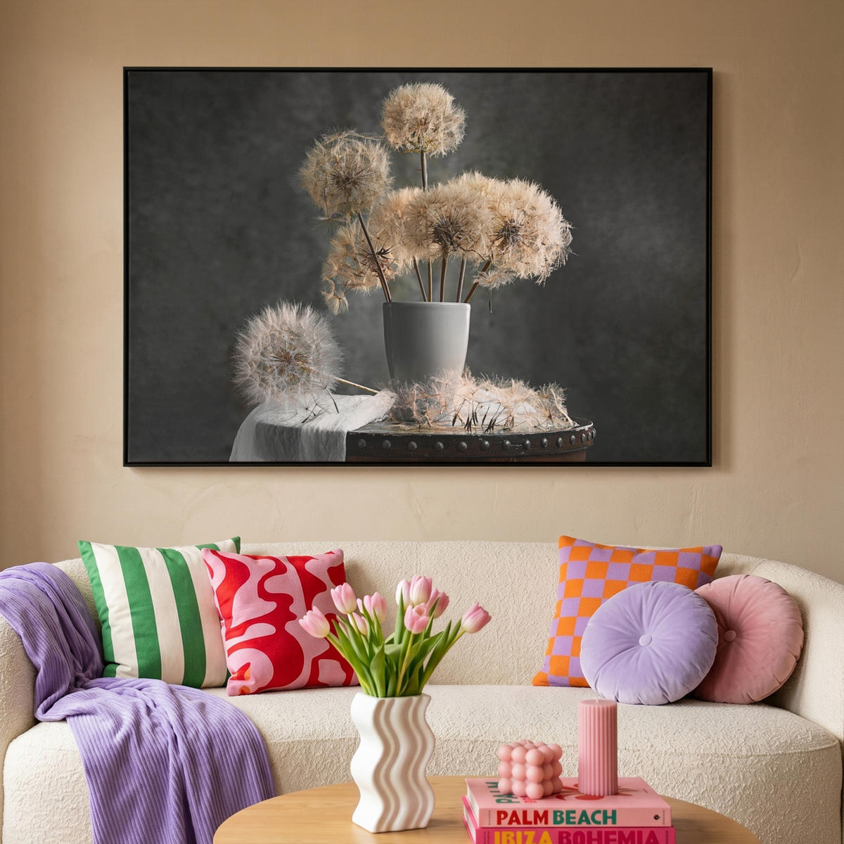 LEINWAND Bilder mit Rahmen - Blumensamen - Löwenzahn - Vase - Stilleben - Blumenstrauß - 150x100 - Dunkelgrau, Textil (150/100cm) - MuchoWow