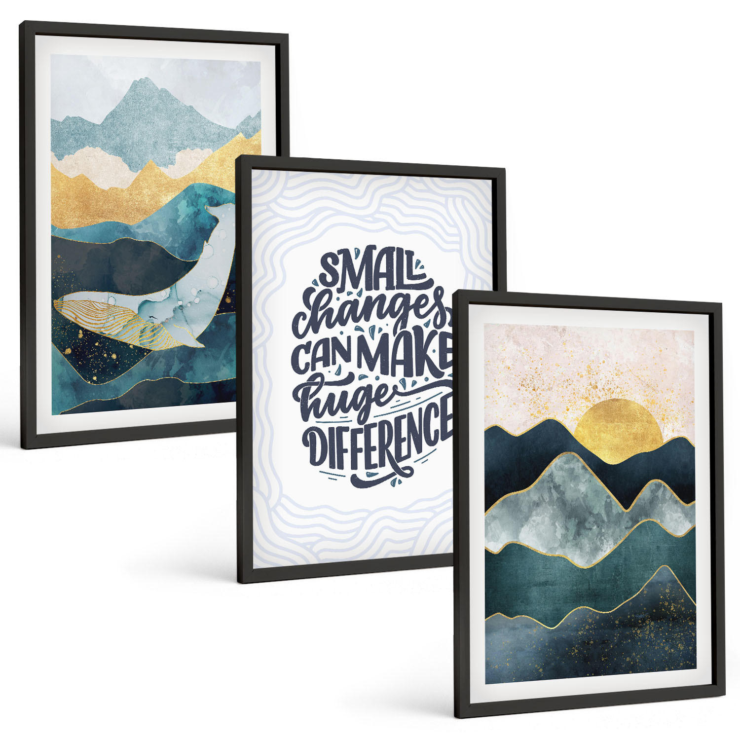BILDER SET 3er Set - 40x60 cm Schwarzer Rahmen - Abstrakte Berginspiration - Schwarz, Kunststoff (40/60cm) - TULUP
