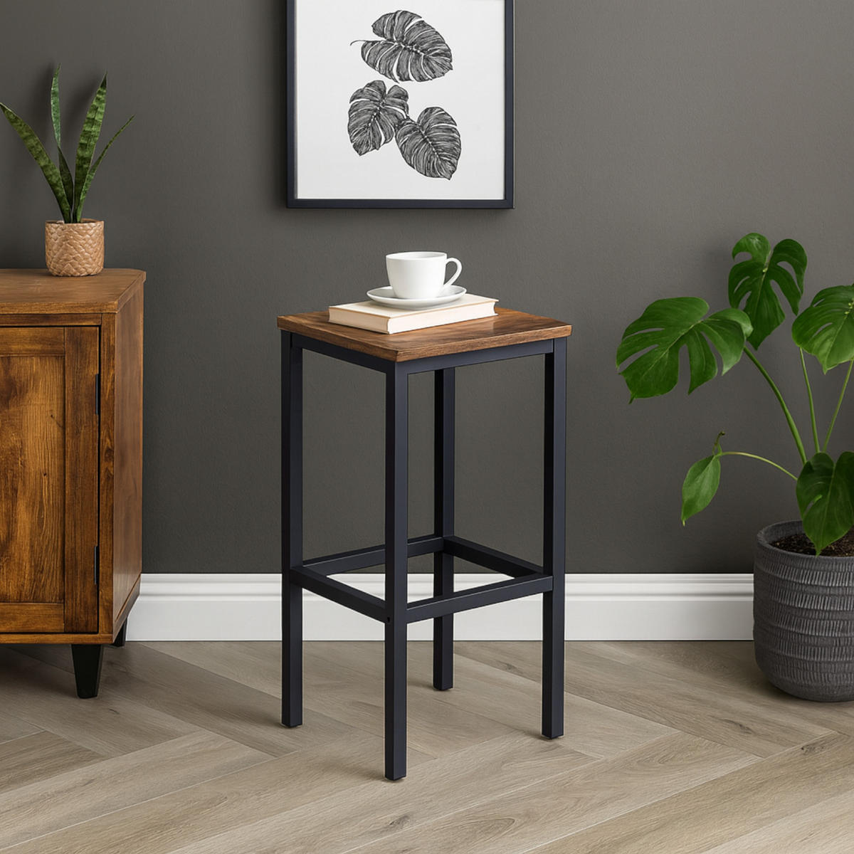 BARHOCKER 2er-Set Metall Holzoptik Dunkelbraun 40/30/65 cm - Dunkelbraun/Schwarz, Holzwerkstoff (30/65/40cm) - Begryf