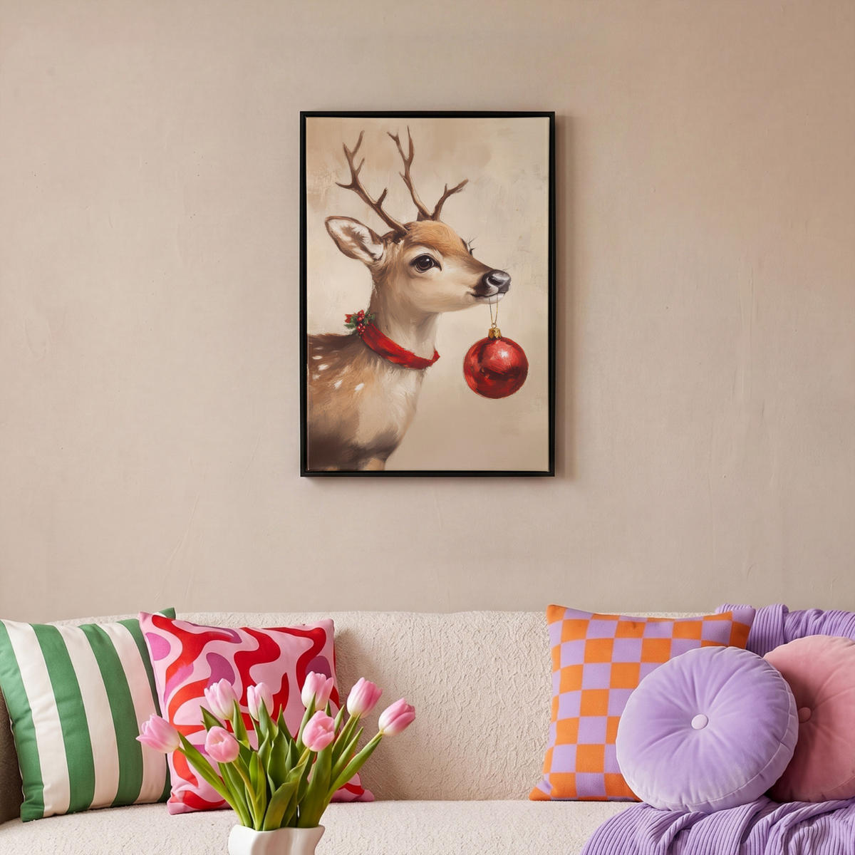LEINWAND Bilder mit Rahmen - Weihnachten - Hirsch - Geweih - Weihnachtskugel - Rentier - 40x60 - Hellbraun, Textil (40/60cm) - MuchoWow