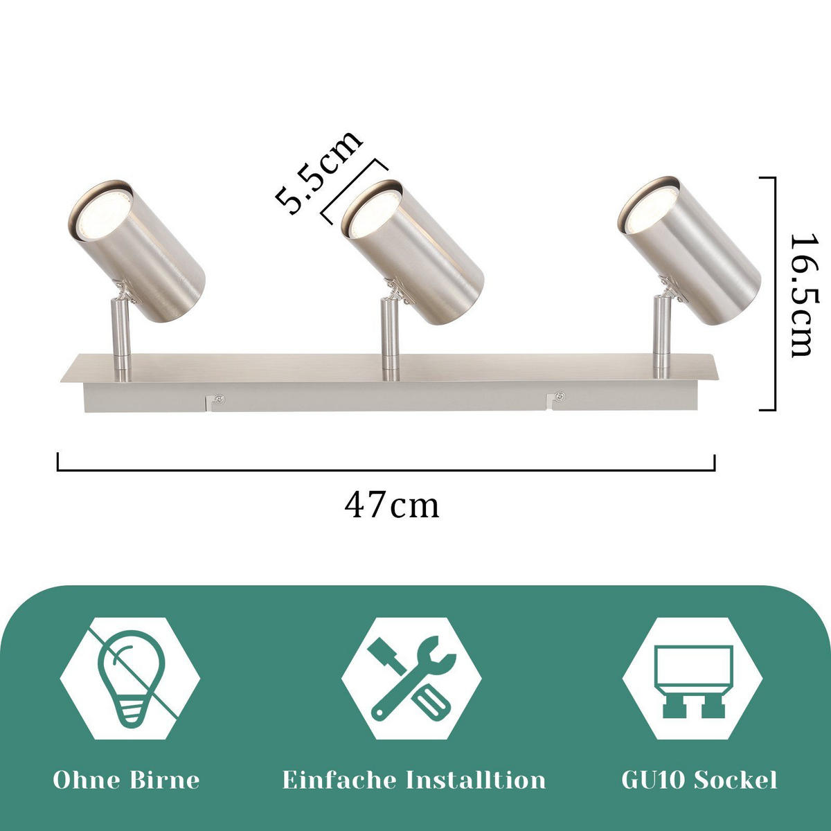 DECKENSTRAHLER Robb 16.5/5.5/4.7cm - Silberfarben, Metall (16.5/5.5/4.7cm) - ZMH