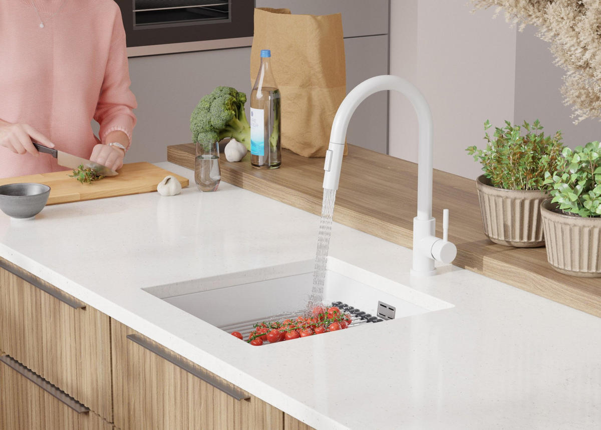 UNTERBAUSPÜLE GRANIT Praga, 2-er set Weiß 46/47 cm 1 Becken + Küchenarmatur 38/14 cm + Ablauf-Set + Aufrollbare Abtropffläche ab 50er Unterschrank - Chromfarben/Weiß, Kunststoff (46/20/47cm) - Primagran