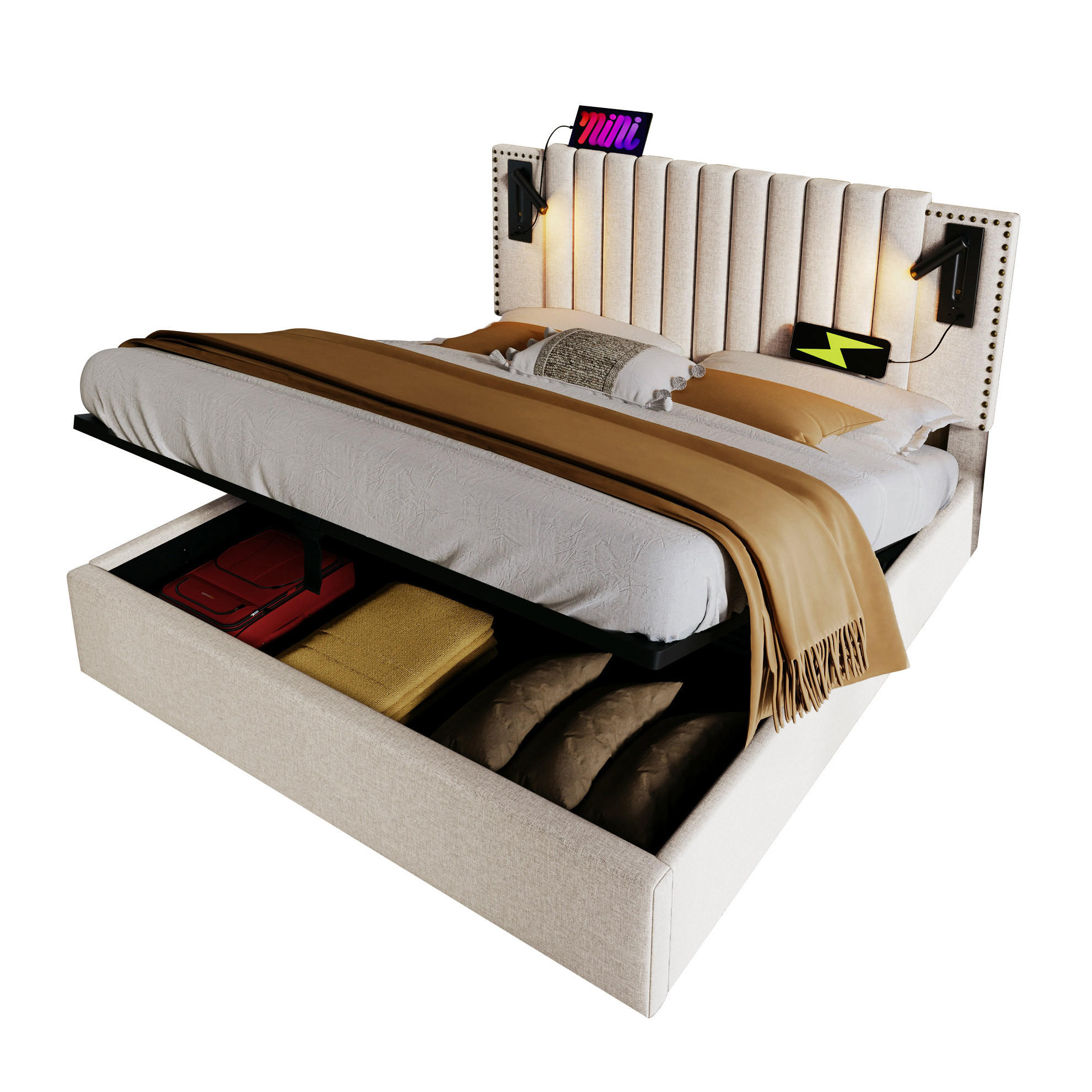 POLSTERBETT 160/200 cm Beige aus Baumwolle mit Stauraum und Matratze - Beige, Textil (160/200cm) - OKMYHOME