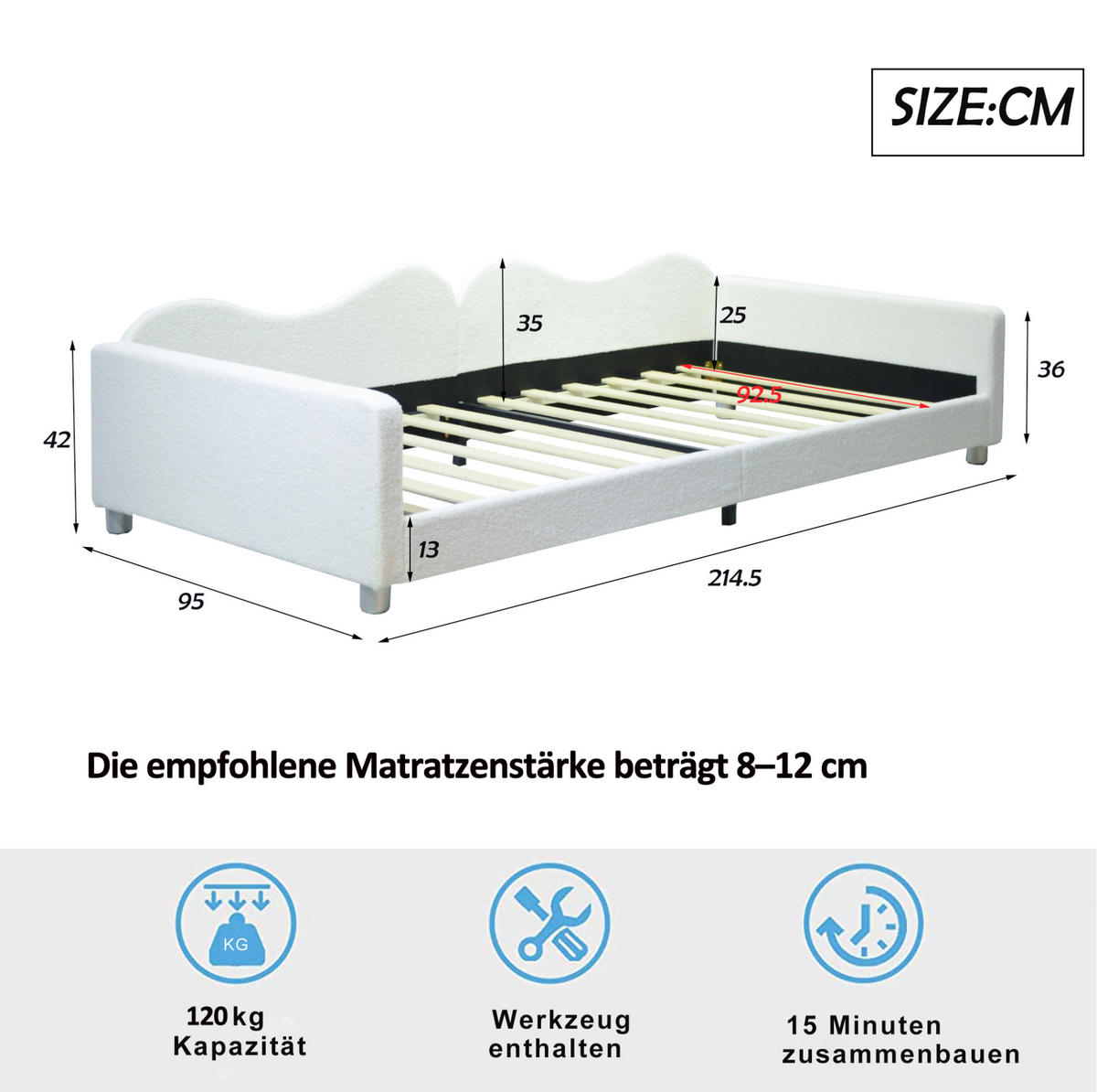 POLSTERBETT 214.5/95/42 cm Weiß aus Samt mit Rückenlehne - Weiß, Textil (90/200cm) - OKMYHOME