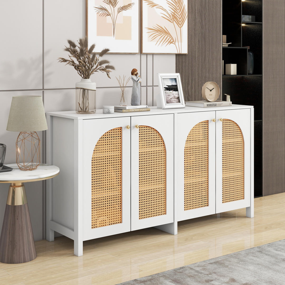 SIDEBOARD 145/40/80 cm weiß aus MDF mit 4 Rattantüren und Metallgriffen - Weiß, Holzwerkstoff (145/40/80cm) - OKWISH