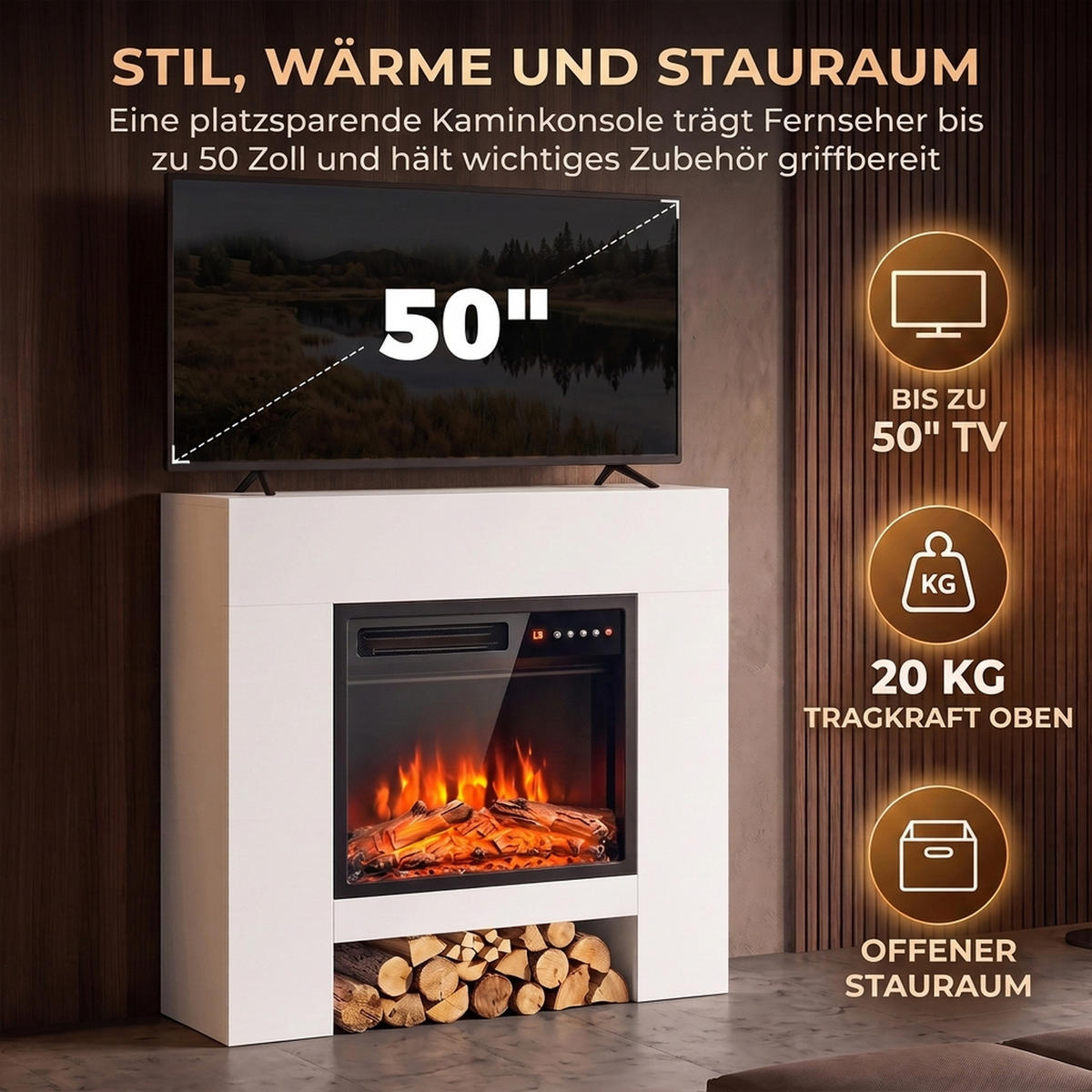 ELEKTROKAMIN Spanplatte Stahl Weiß - Weiß, Holzwerkstoff (25/85/75cm) - HOMCOM