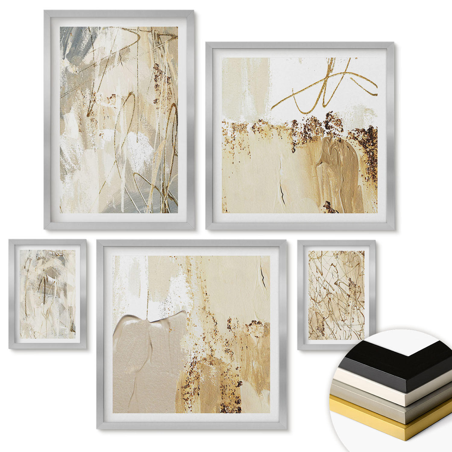 WANDBILDER 5er Set - 50x50 cm & 20x30 cm & 40x60 cm Silberner Rahmen - Haus am Wasser, Toastsegelboot - Silberfarben, Kunststoff (40/60cm) - ArtPrintCave