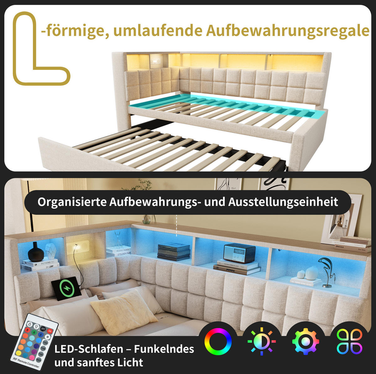 POLSTERBETT 140/200 cm aus PU mit LED USB-Ladestation und Stauraum Schwarz - Schwarz, Kunststoff (140/200cm) - Modenvie