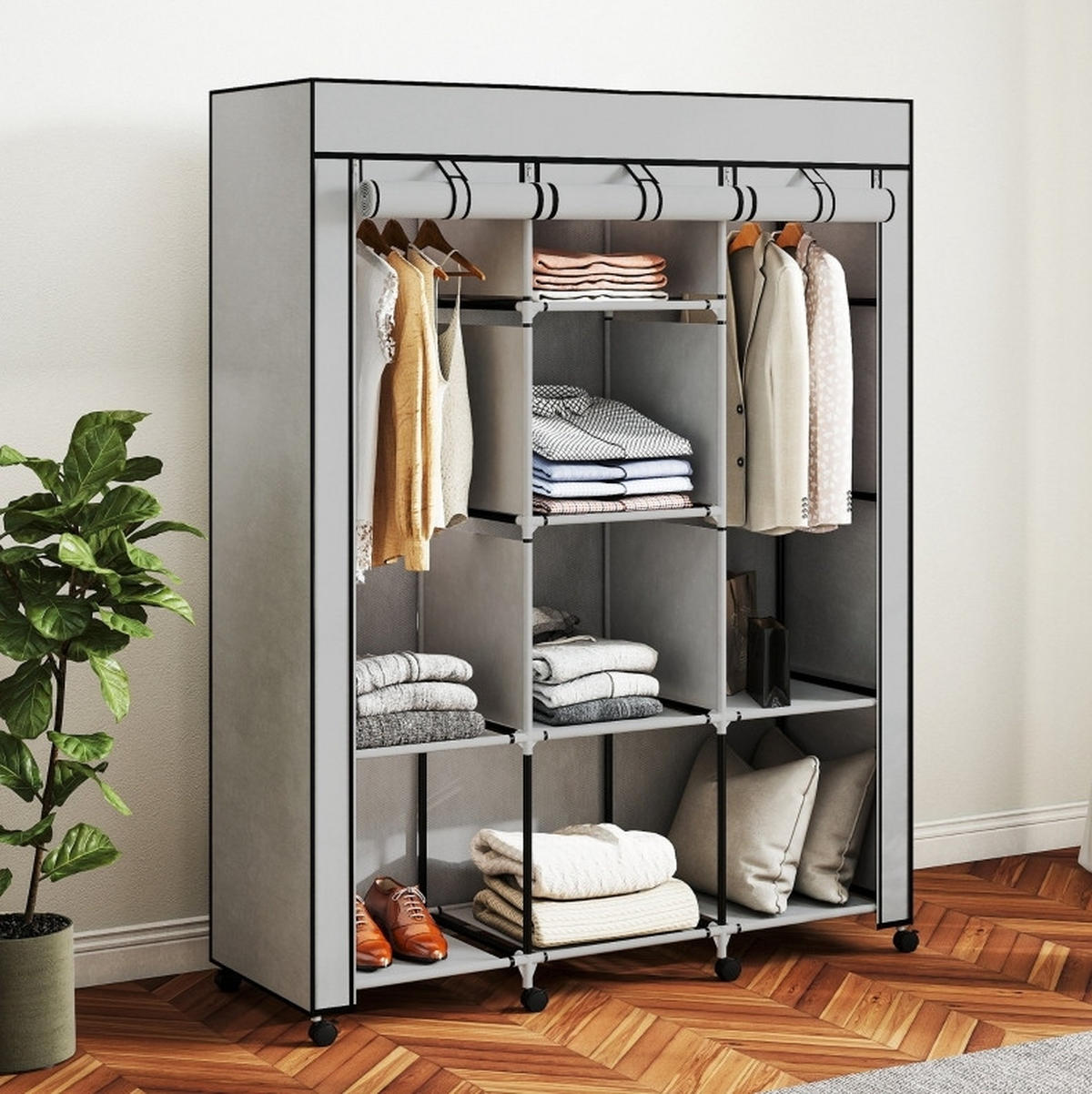 KLEIDERSCHRANK aus Stoff 125x43x162,5 cm Hellgrau mit 8 Fächern, 2 Kleiderstangen und Staubschutz - Hellgrau, Textil (125/162.5/43cm) - Modfu