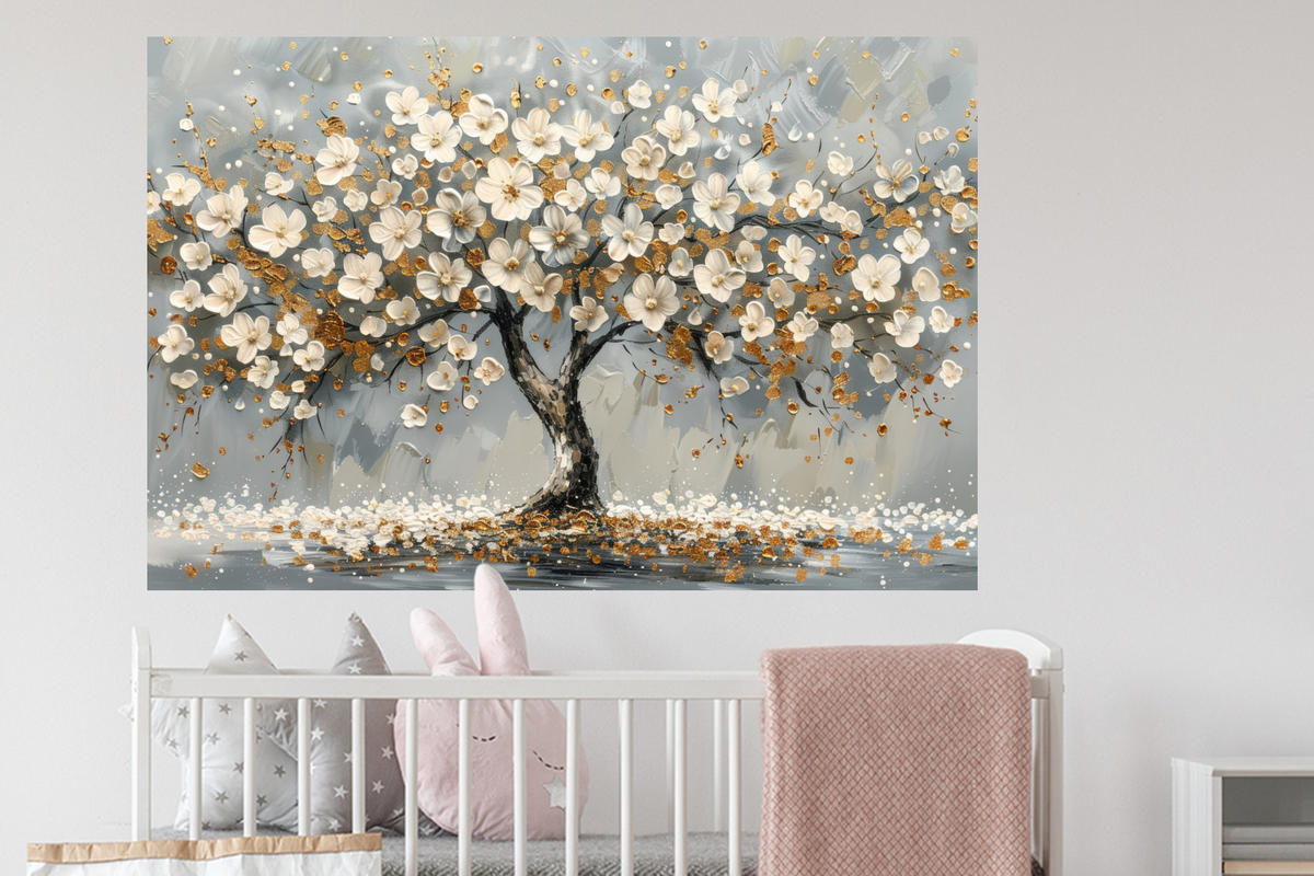 WANDTATTOO Baum - Blumen - Weiß - Natur - Kunst 120x80 cm - Weiß, Kunststoff (120/80/0.1cm) - MuchoWow