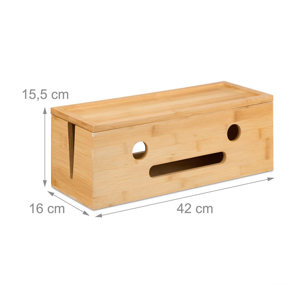 Thumbnail - Relaxdays Kabelbox, Hellbraun, Holz, Bambus, 42x15.5x16 cm, Arbeitszimmer, Schreibtische