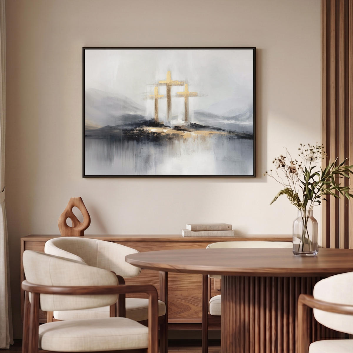 LEINWAND Bilder mit Rahmen - Abstrakt - Malerei - Christentum - Kreuz - 100x70 - Weiß, Textil (100/70cm) - MuchoWow