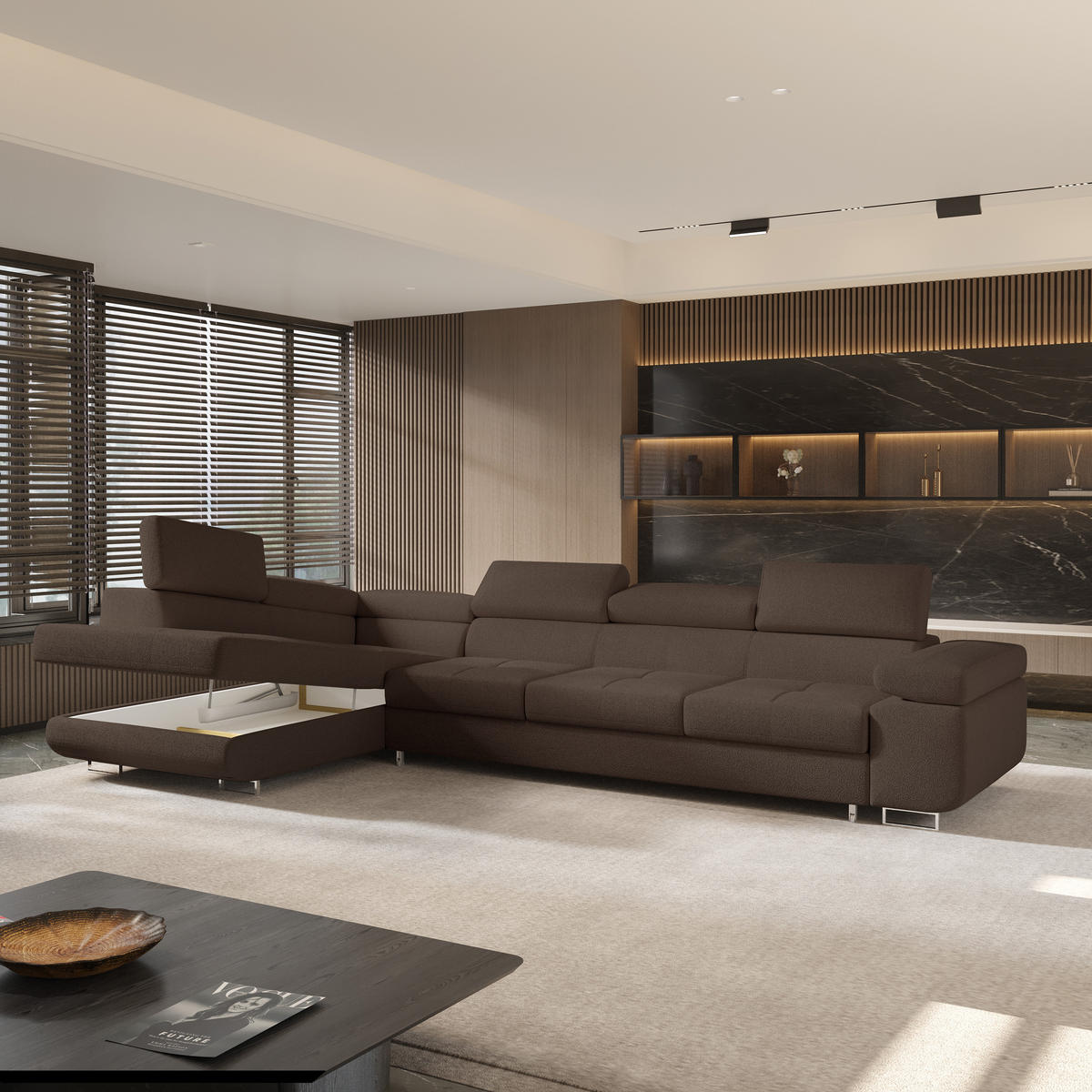 ECKSOFA VICENTE Braun Boucle-Stoff mit Schlaffunktion - Braun, Holz (346/202cm) - MASSENO