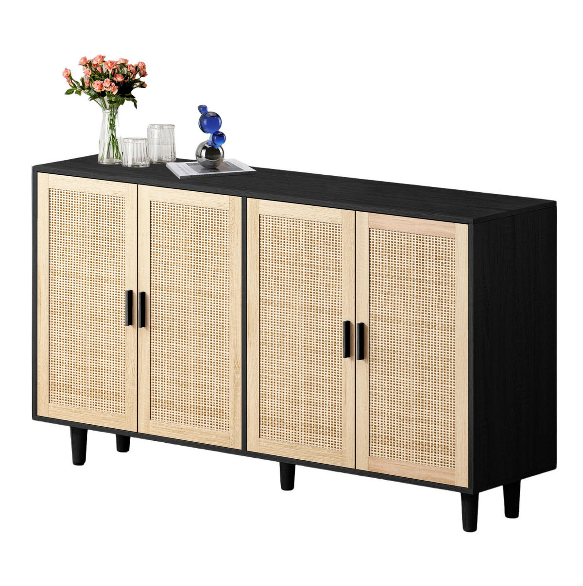 SIDEBOARD aus Spanplatte 158x40x88 cm Schwarz mit 4 Rattantüren und verstellbarem Einlegeboden - Schwarz, Holzwerkstoff (158/88/40cm) - Modfu
