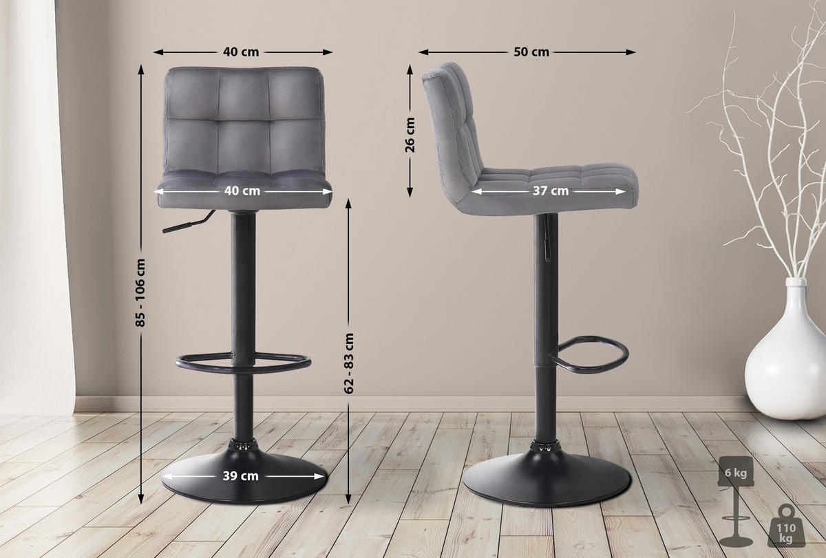 BARHOCKER 4er Set Fenai Samt grau - Schwarz/Grau, Textil/Metall (40/106/40cm) - TPFLiving