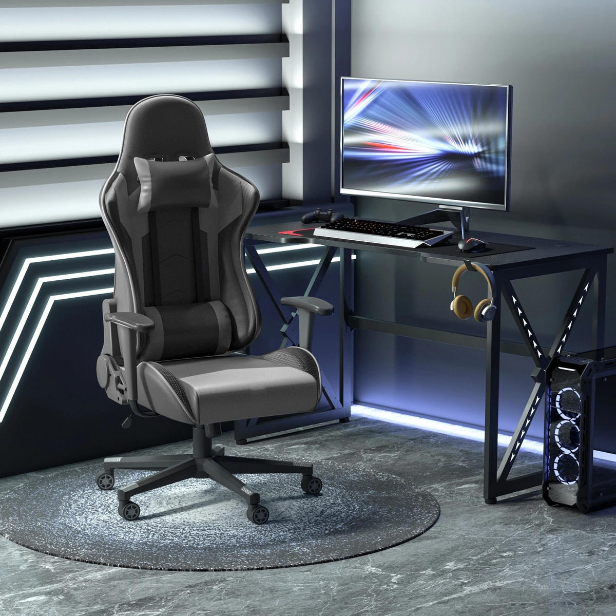 GAMING Stuhl, ergonomischer Bürodrehstuhl mit Kopf- und Lendenkissen, neigbarer Rückenlehne, Schwarz - Schwarz, Leder (53/126/67.5cm) - BRILVERDE