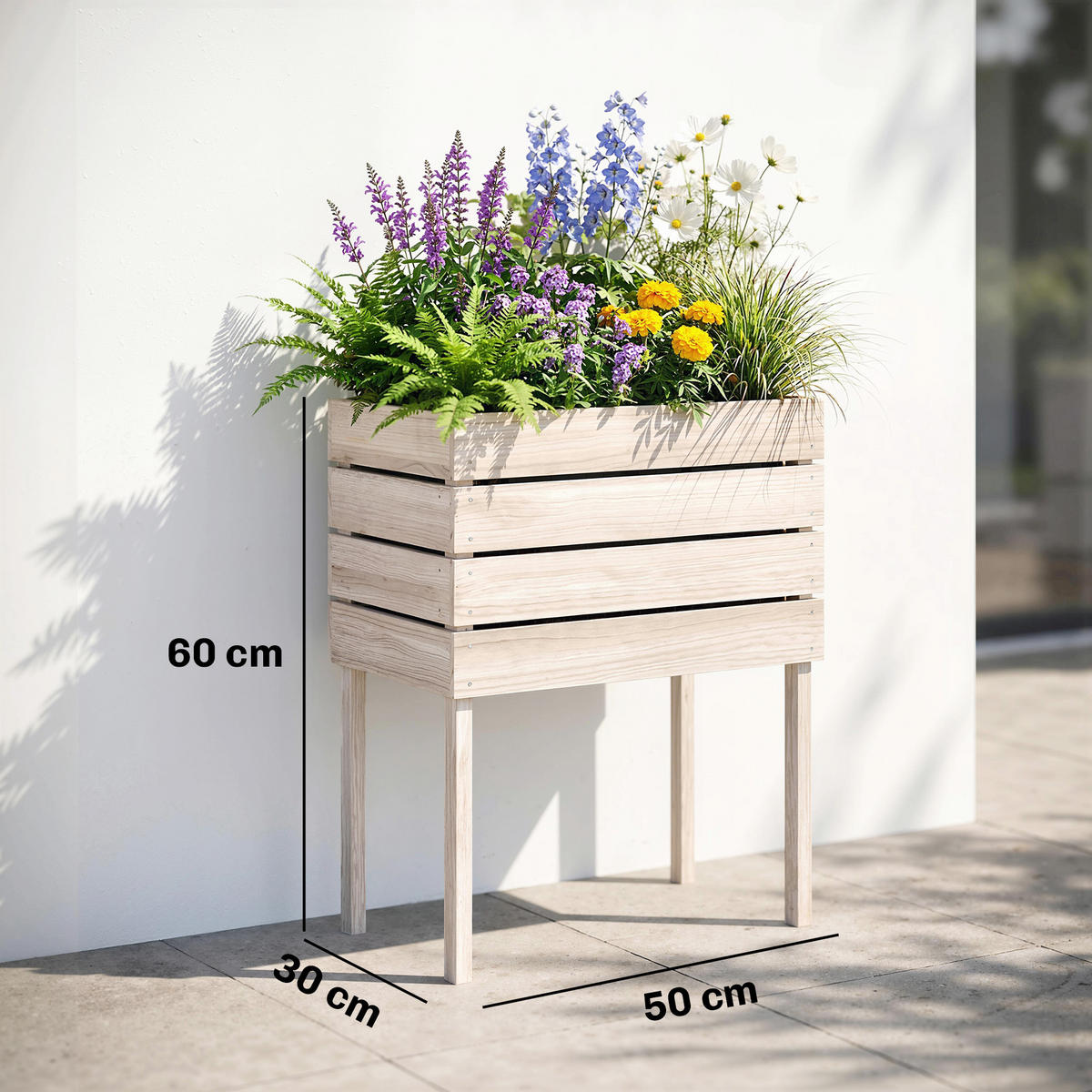 VYŠŠÍ ZÁHON Dřevěný květináč, 4 možnosti kombinace, pro zahradu a balkon, přírodní dřevo - barva smrku, dřevo/plast (30/60/50cm) - Outsunny