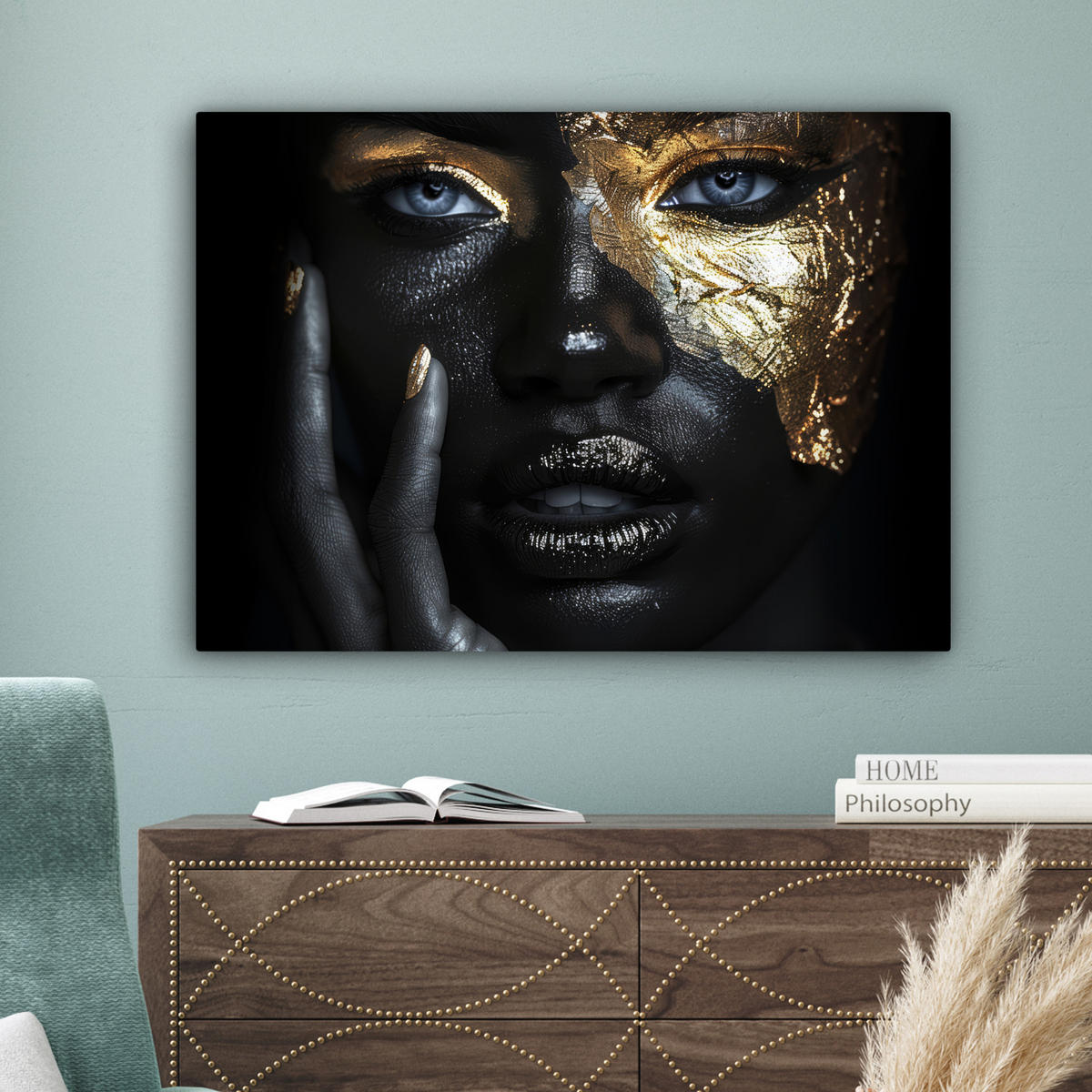 LEINWANDBILD Frau - Gold - Porträt - Schwarz-Weiß - Luxus Wandbilder 80x60 cm - Hellblau, Textil (80/60cm) - MuchoWow