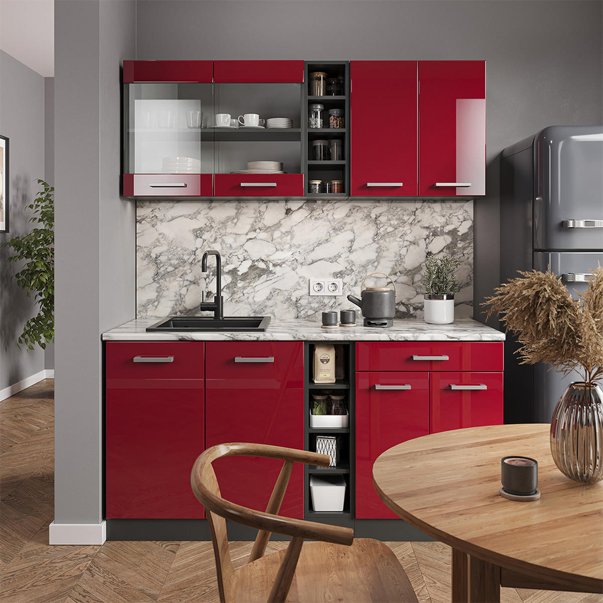 SINGLEKÜCHE R-Line Rot Hochglanz/Anthrazit 160 cm ohne Arbeitsplatte - Anthrazit/Rot, Holzwerkstoff (160/81.6/46cm) - Vicco