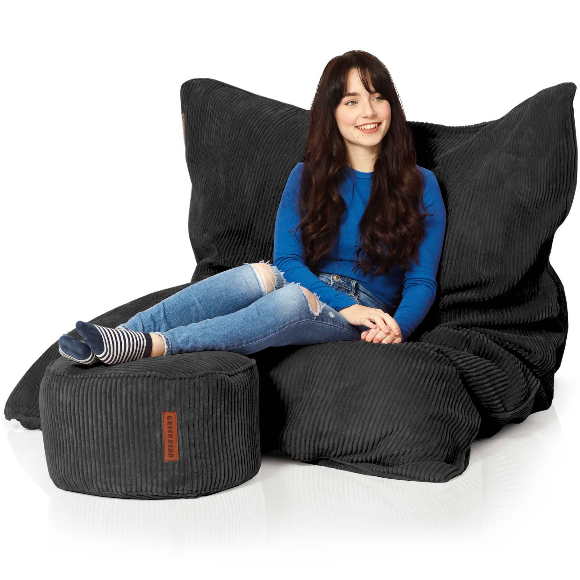 SITZSACK XXL "Square" + Pouf aus Cord - Schwarz, Textil (140/25/180cm) - Green Bean