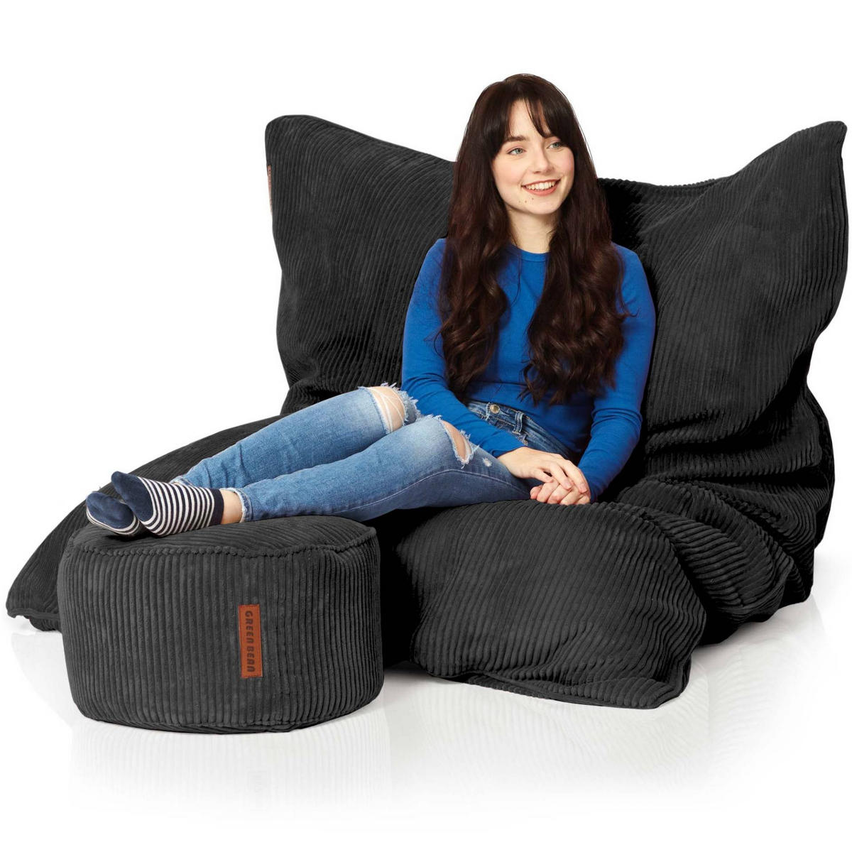 SITZSACK XXL "Square" + Pouf aus Cord - Schwarz, Textil (140/25/180cm) - Green Bean