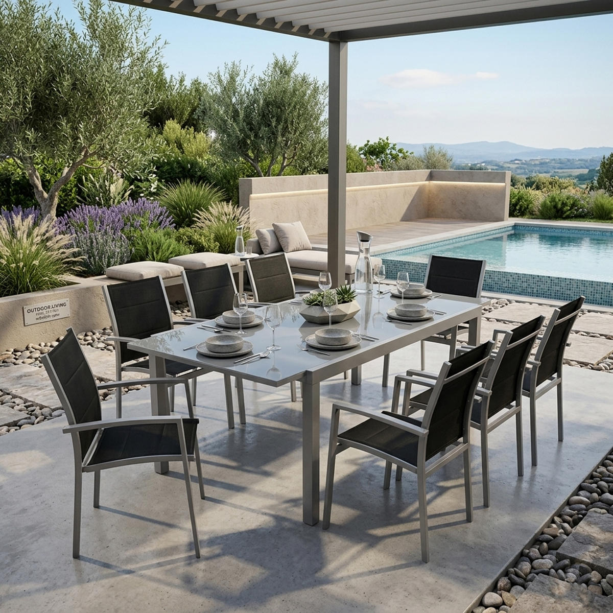 GARTEN-GARNITUR Ashford - 9-teilig Garten-Essgruppe (8x Stapelsessel mit Armlehnen, 1x Ausziehtisch 180/240x100cm), Gestell Aluminium - Schwarz, Metall - TPFGarden