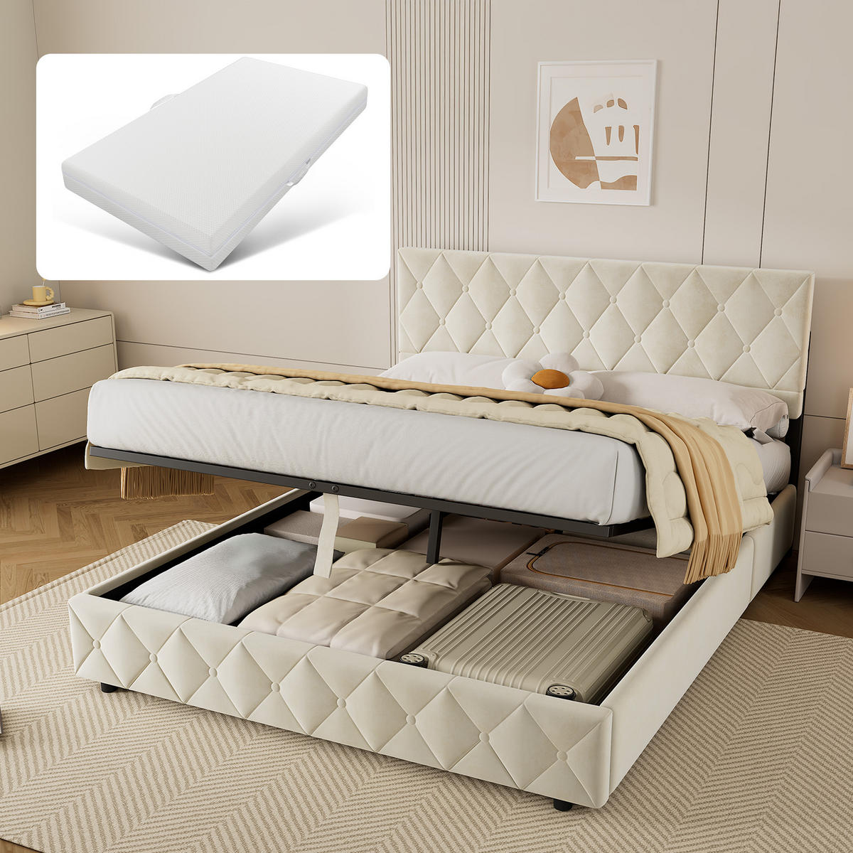 POLSTERBETT 160/200 cm mit Matratze und Bettkasten in Beige aus Samtstoff Bettgestell mit Metallrahmen - Beige/Grau, Holzwerkstoff/Textil (160/200cm) - STILVORA