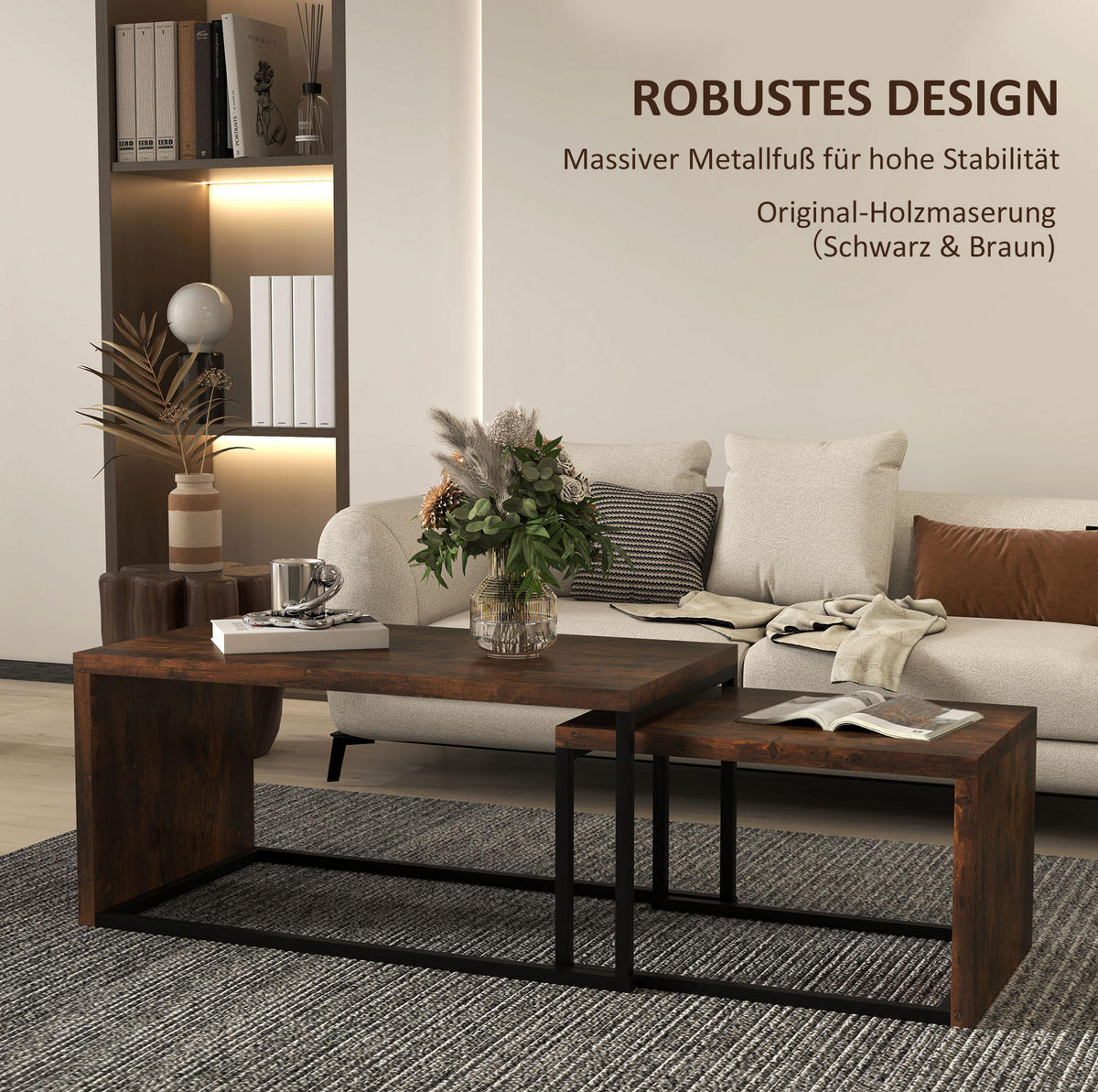 SADA konferenčních stolků 90/48/42 cm rustikálně hnědá z dřeva s kovovou podnoží - hnědá, dřevo (90/48/42cm) - OKWISH