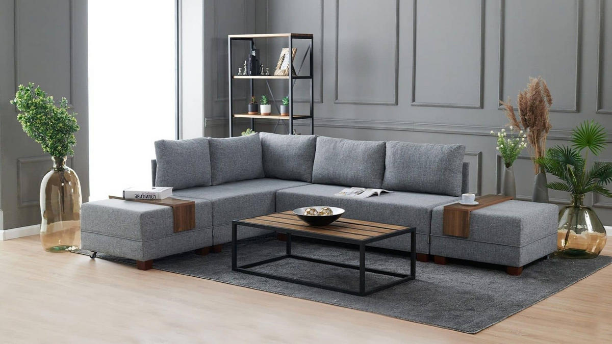 ECKSOFA mit rollbarer Schlaffunktion - Walnussfarben/Grau, Holz/Textil (280/210cm) - myHomelando