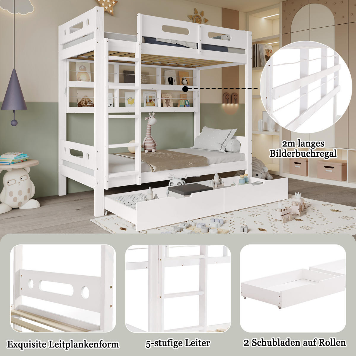 ETAGENBETT 90/200 cm in Weiß & Natur mit 2 Schubladen und Regal Kiefer & MDF - Weiß, Holz/Holzwerkstoff (90/200cm) - CHICFURN