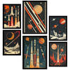 POSTER Set Mit 6 Raumschiff Rakete Planeten Vintage Rot & Blautöne A3 & A4 Schwarzer Rahmen - Schwarz, Papier (29/3cm) - Nacnic