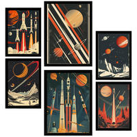POSTER Set Mit 6 Raumschiff Rakete Planeten Vintage Rot & Blautöne A3 & A4 Schwarzer Rahmen - Schwarz, Papier (29/3cm) - Nacnic