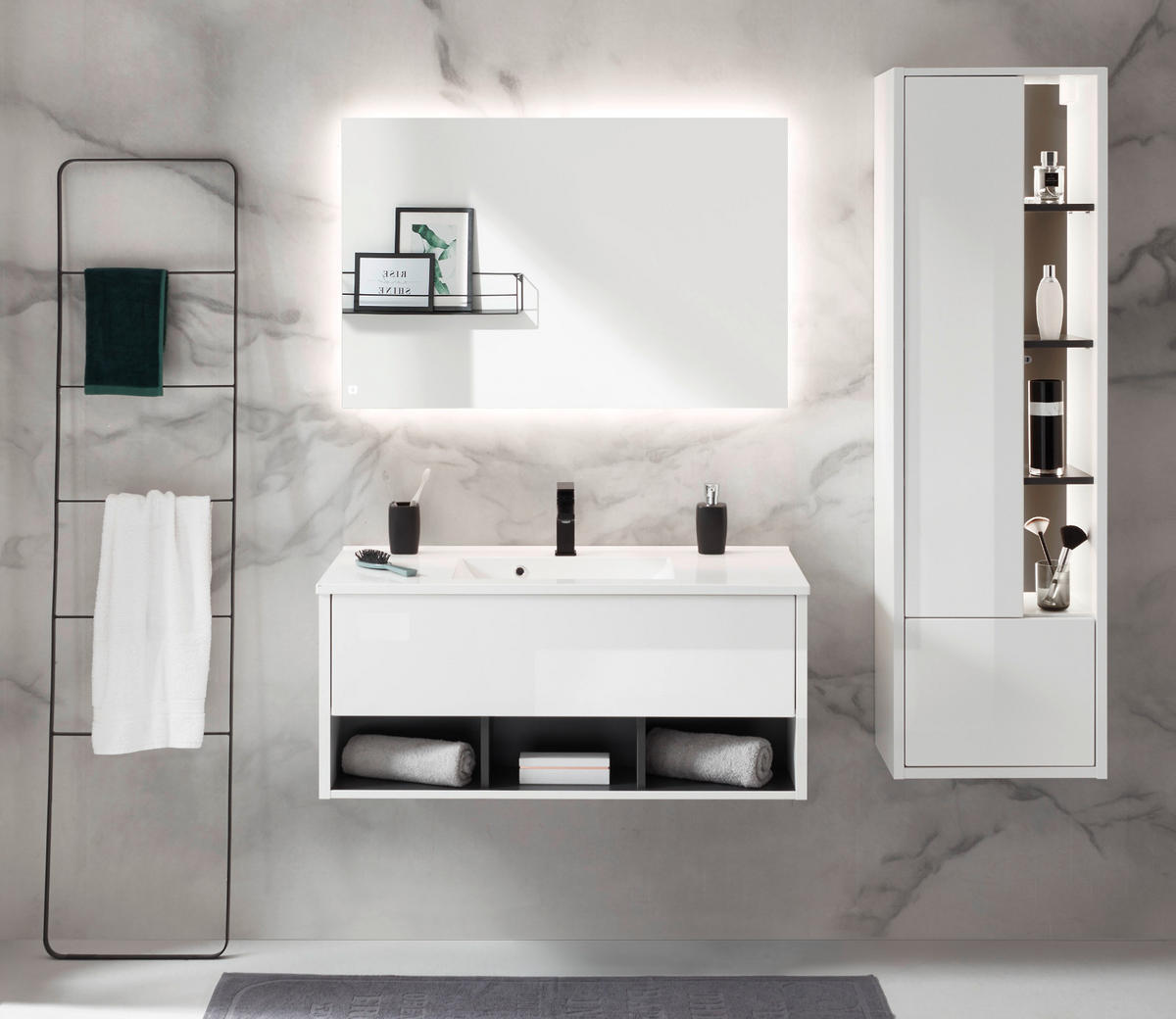 BADMÖBEL Set in weiß Hochglanz und grau mit Waschbecken und LED Beleuchtung 155 x 190 cm Glide - Weiß Hochglanz/Grau, Glas/Holzwerkstoff (155/190/47cm) - Furn.Design