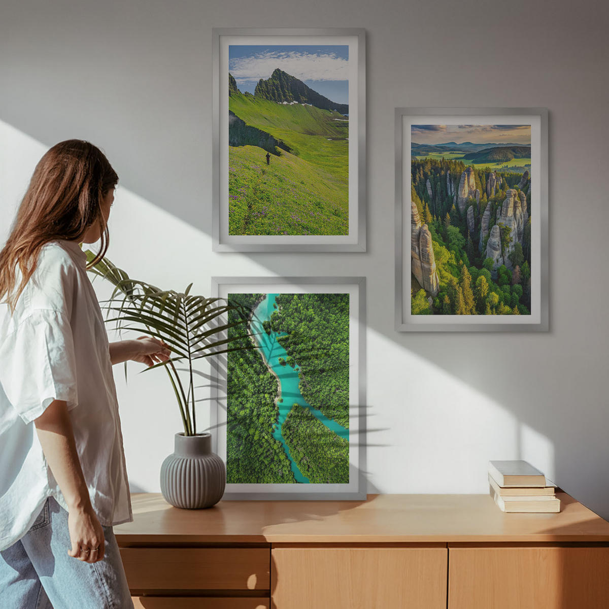 WANDBILDER 3er Set - 40x60 cm Silberner Rahmen - Grüne Berge, Flussfelsen - Silberfarben, Kunststoff (40/60cm) - ArtPrintCave