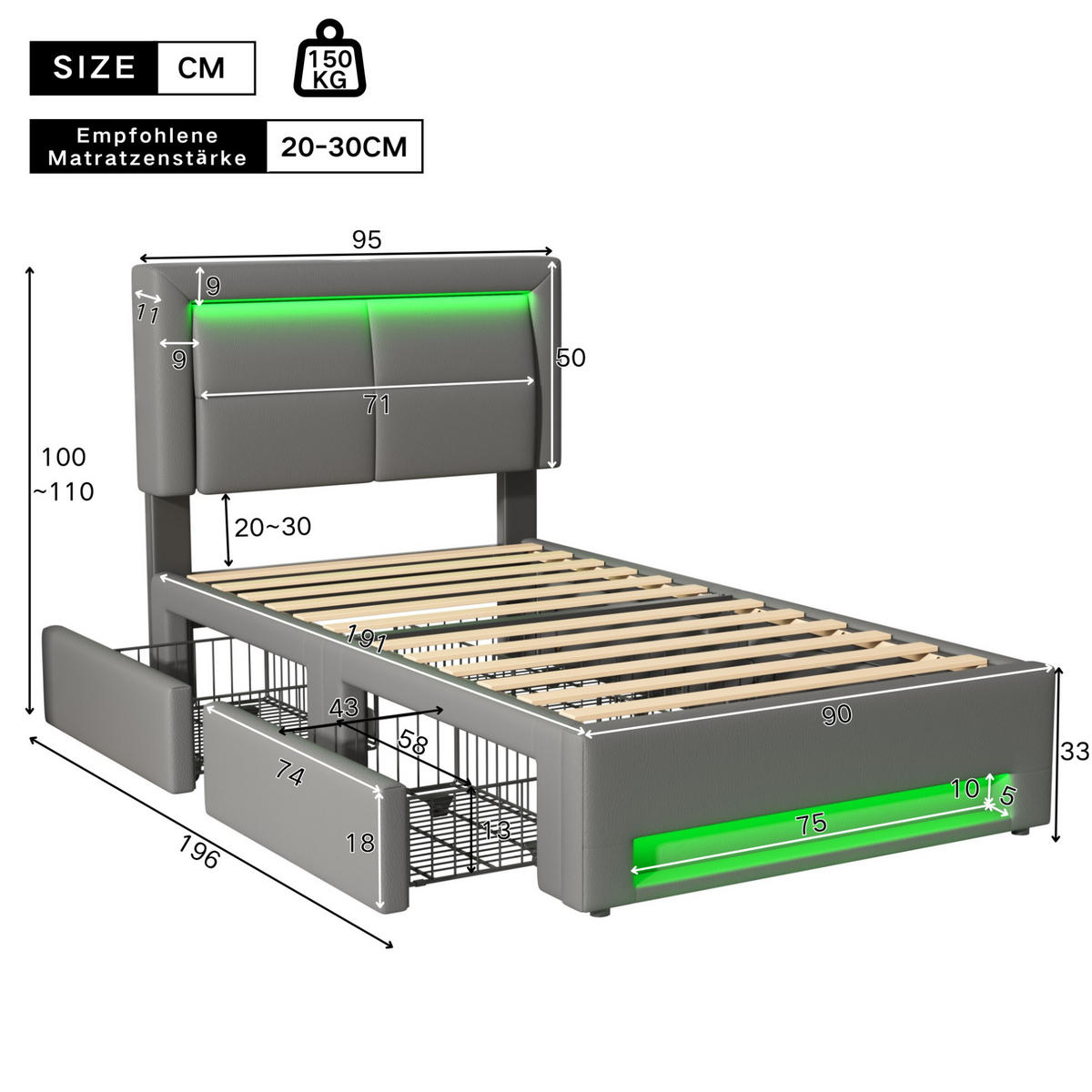 POLSTERBETT mit LED-Beleuchtung 90/190 cm mit 4 Schubladen & USB-Ladefunktion - Grau, Kunststoff (90/200cm) - BEAOK