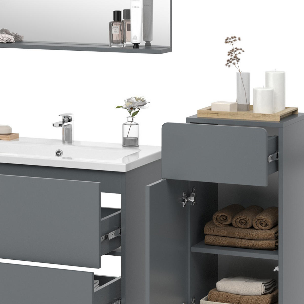 BADMÖBEL-SET Izan Grau 4 Teile mit Midischrank - Grau, Holzwerkstoff (80/59.3/46cm) - Vicco