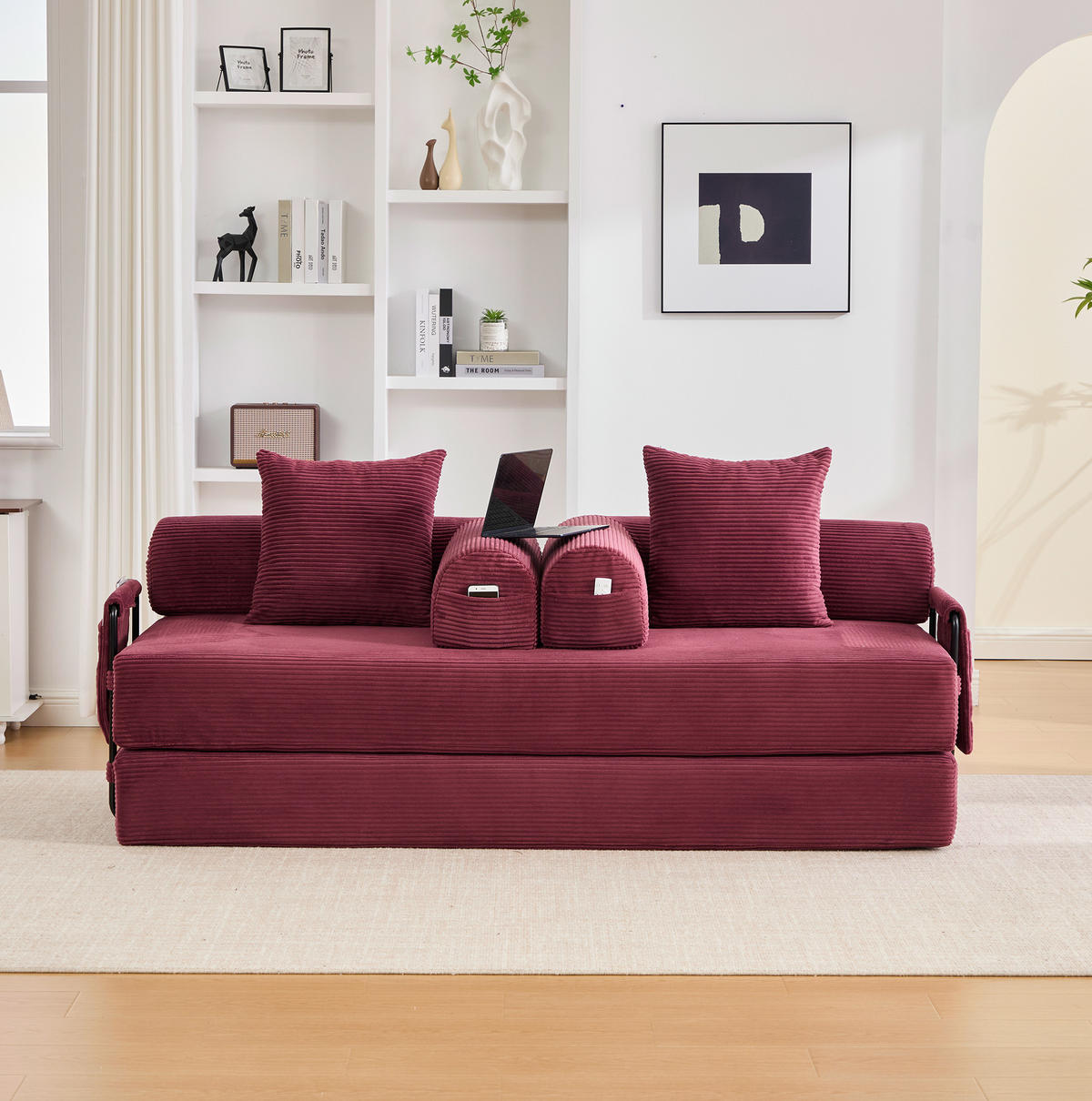 SOFA modular 200 x 94 cm Cord Wine Red mit Metallgestell und 3 Kissen - Rot, Kunststoff (94/67/200cm) - Meubliv