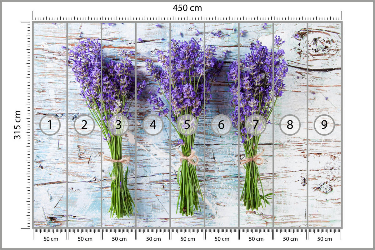 FOTOTAPETE für Küche Lavendelblüten Lila Holz Rustikal 450x315 - Violett/Weiß, Papier (450/315cm) - Muralo