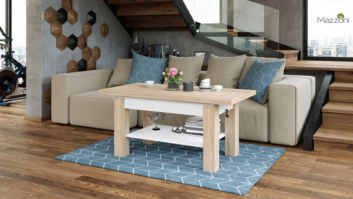 COUCHTISCH rechteckig Sonoma Eiche - Weiß ausziehbar höhenverstellbar - Weiß/Sonoma Eiche, Holzwerkstoff (65/130/60cm) - designimpex