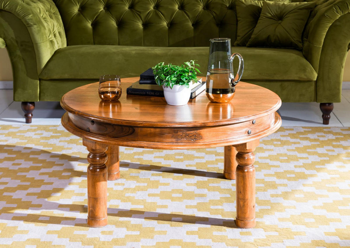 COUCHTISCH rund 90x90x45 Akazie honig lackiert OXFORD #0330 - Braun, Holz (90/90/45cm) - Massivmoebel24