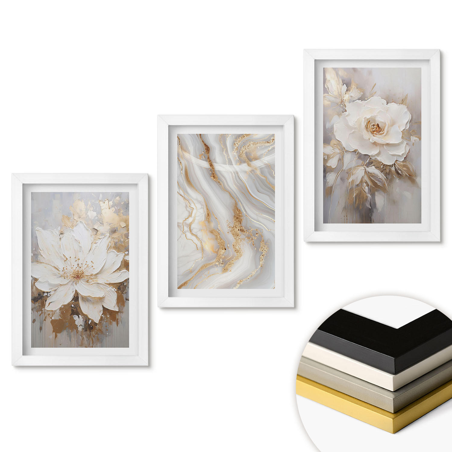 WANDBILDER 3er-Set - 20x30 cm Weißer Rahmen - Abstrakte Blumen aus Marmor - Weiß, Kunststoff (20/30cm) - ArtPrintCave