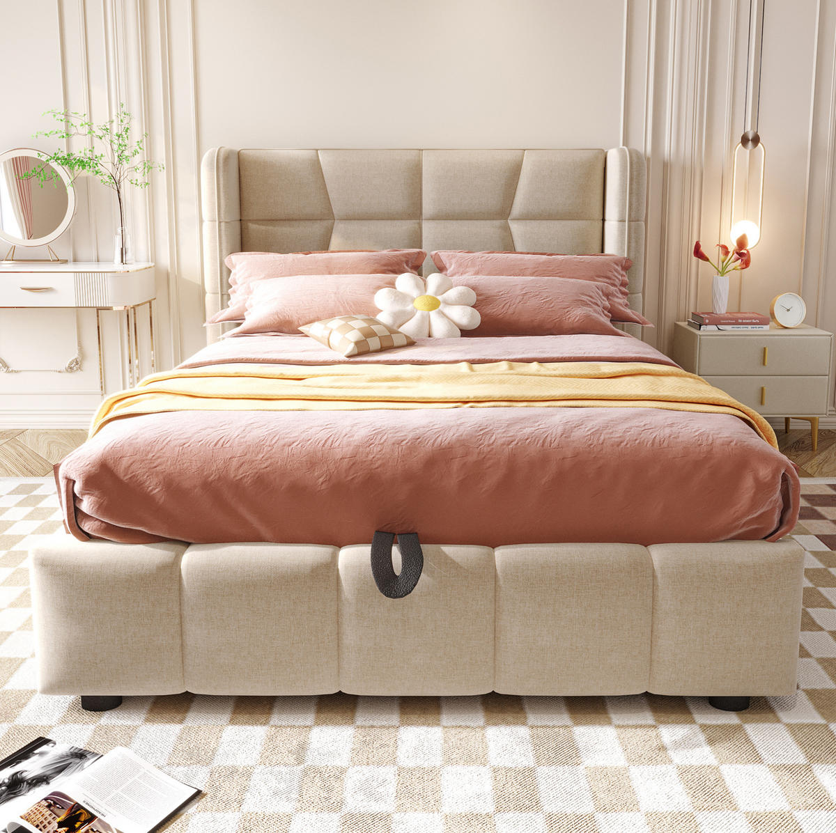 KINDERBETT 90/200 cm mit Stauraum, Hebemechanismus und gepolstertem Kopfteil aus Leinenstoff, Beige - Beige, Textil (90/200cm) - Redom
