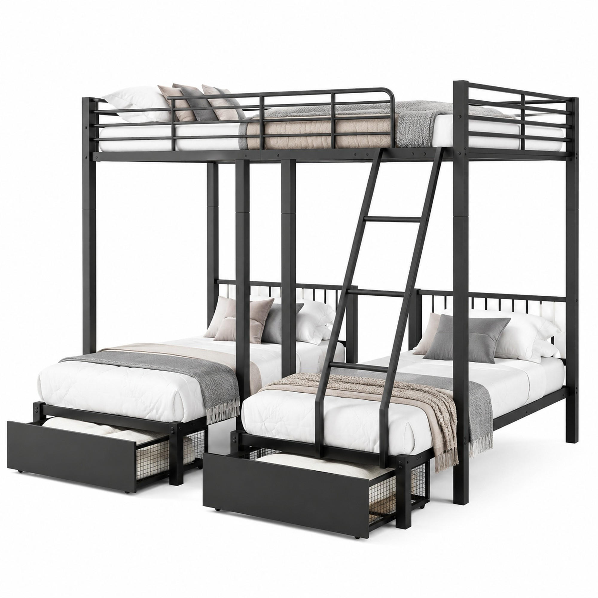 ETAGENBETT 140/200 & 2x 90/200 cm in Schwarz aus Metall mit Schubladen - Schwarz, Metall (140/200cm) - OKMYHOME