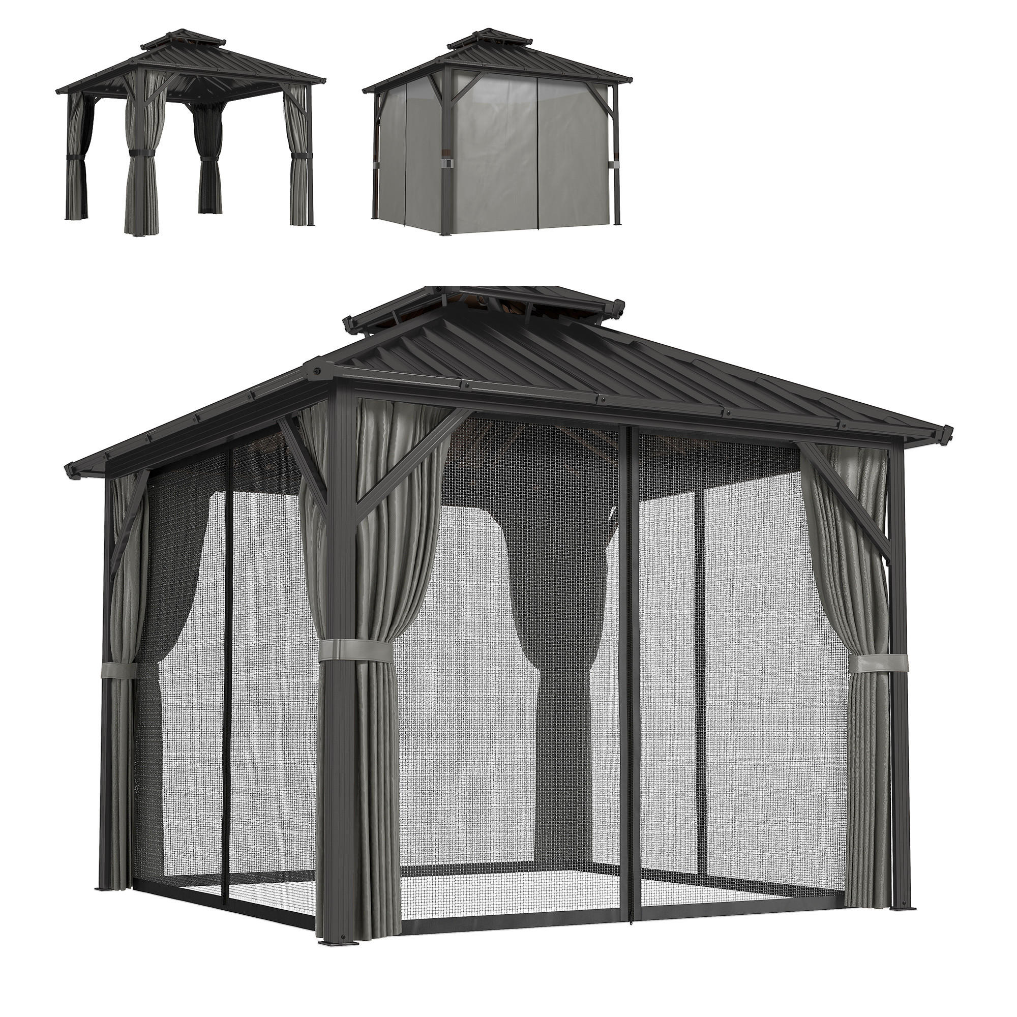 PAVILLON DE-12761 300/300 cm Doppeldach aus Stahl mit Moskitonetz Dunkelgrau - Dunkelgrau, Metall (301/293/301cm) - ComfortXL