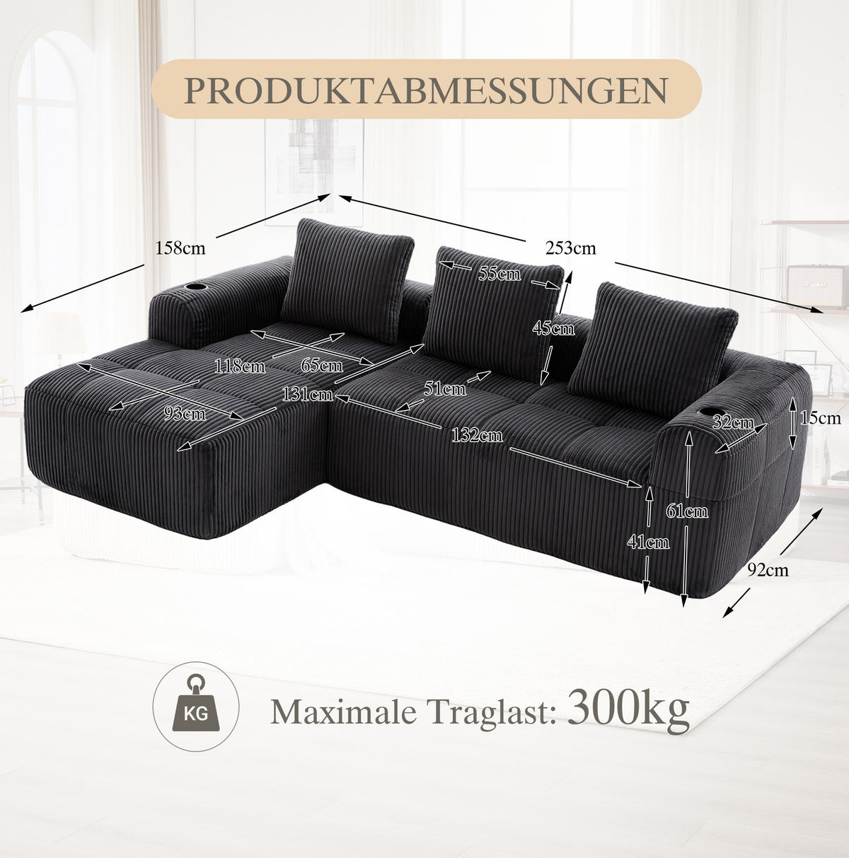 ECKSOFA aus Cord 253x158x61 cm in Dunkelgrau mit Seitenfach & Becherhalter - Dunkelgrau, Textil (158/253cm) - Modfu