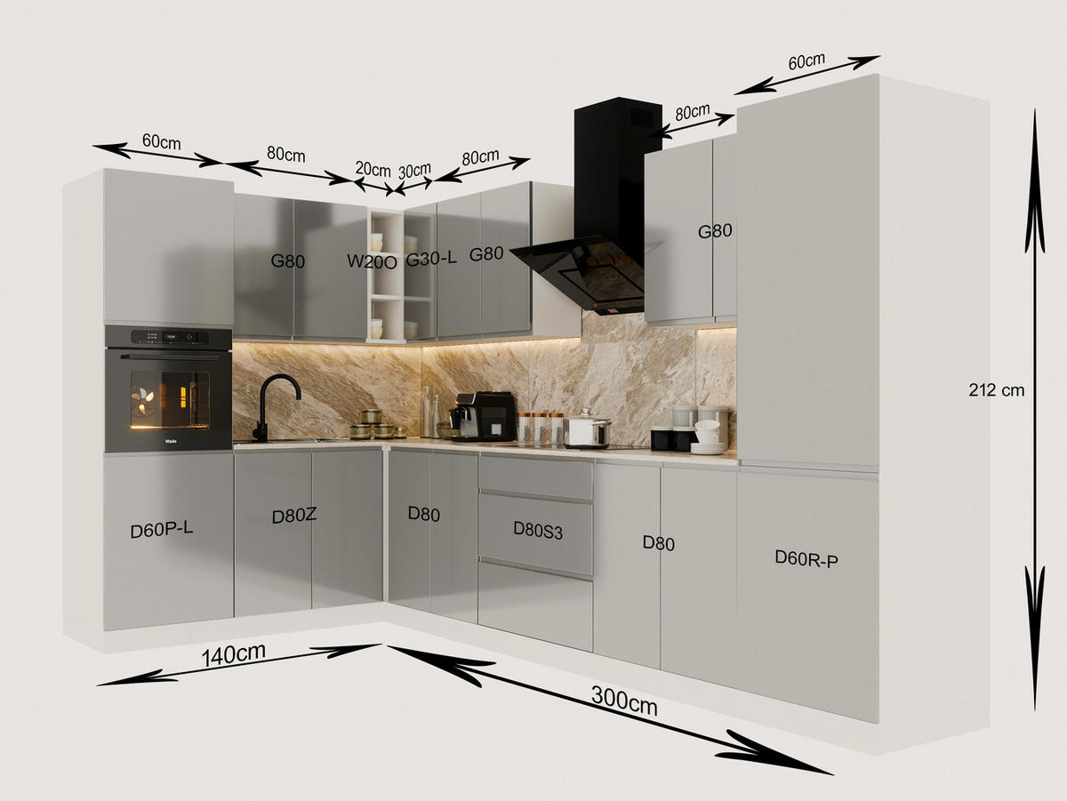 ECKKÜCHE 300x140 cm Glanzia – KU-S09 – Grau – Hochglanz - Grau, Holzwerkstoff (300/212/140cm) - hi-markt