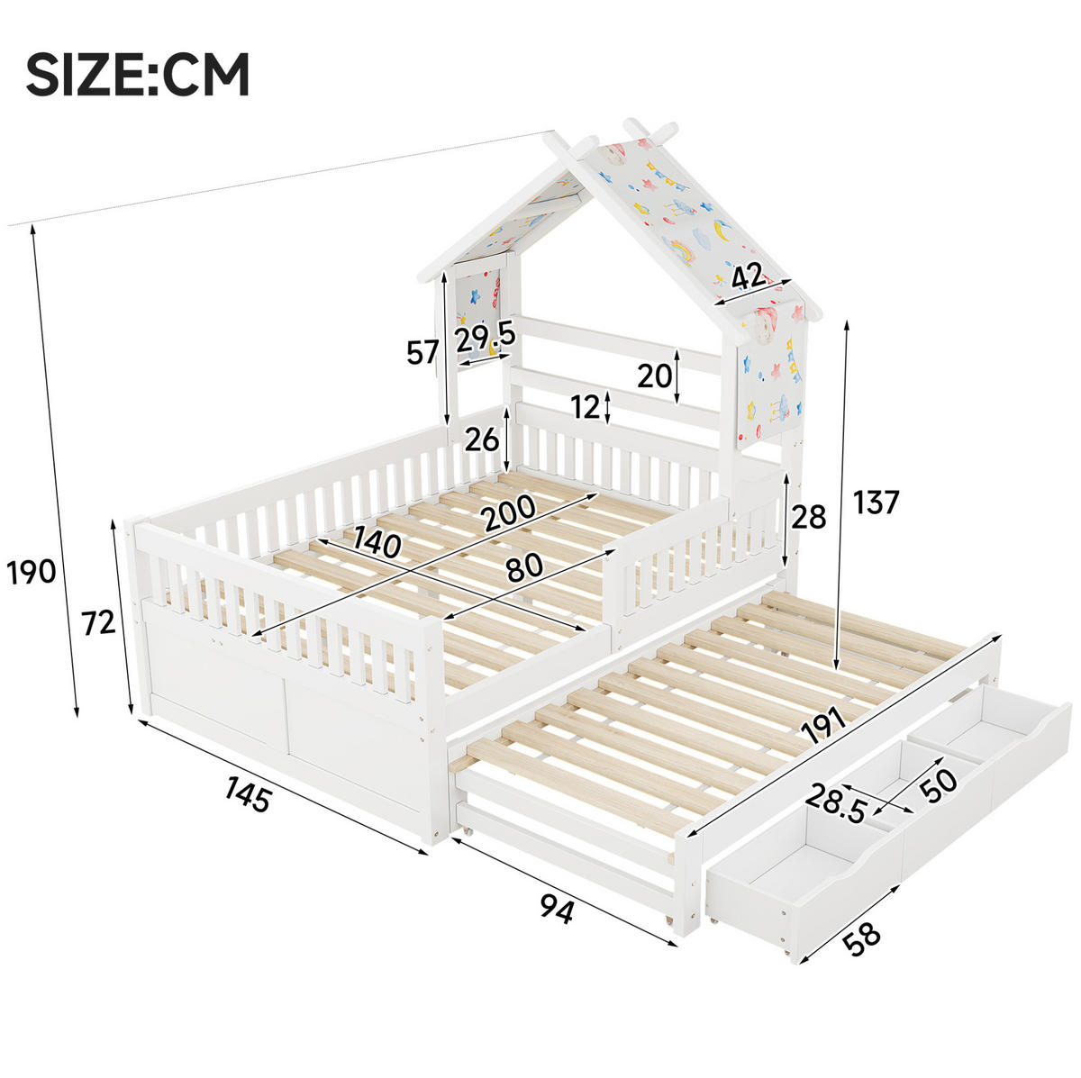 HAUSBETT 140/200 cm Weiß mit Ausziehbett und 3 Schubladen - Weiß, Holz (140/200cm) - MIVRAY