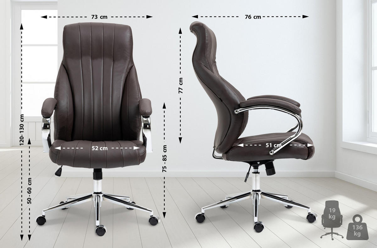 BÜROSTUHL Valyx Echtleder braun - Chromfarben/Braun, Leder/Metall (73/130/76cm) - TPFLiving